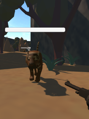 A game screenshot showing a first-person view of the player holding a revolver pointed at a robotic tiger approaching them.