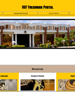 A cropped screenshot of a website showing the UCF Freshman Portal header, a photograph of UCF's Reflection Pond, and a portion of the Resources section at the bottom of the page. The visible resource card says Student Tickets and includes a photo of UCF's mascot, Knightro.