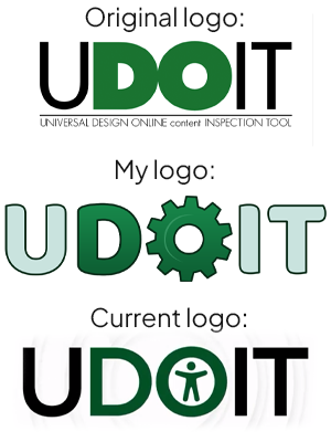 A graphic comparing the original UDOIT logo, my UDOIT logo, and the current UDOIT logo.